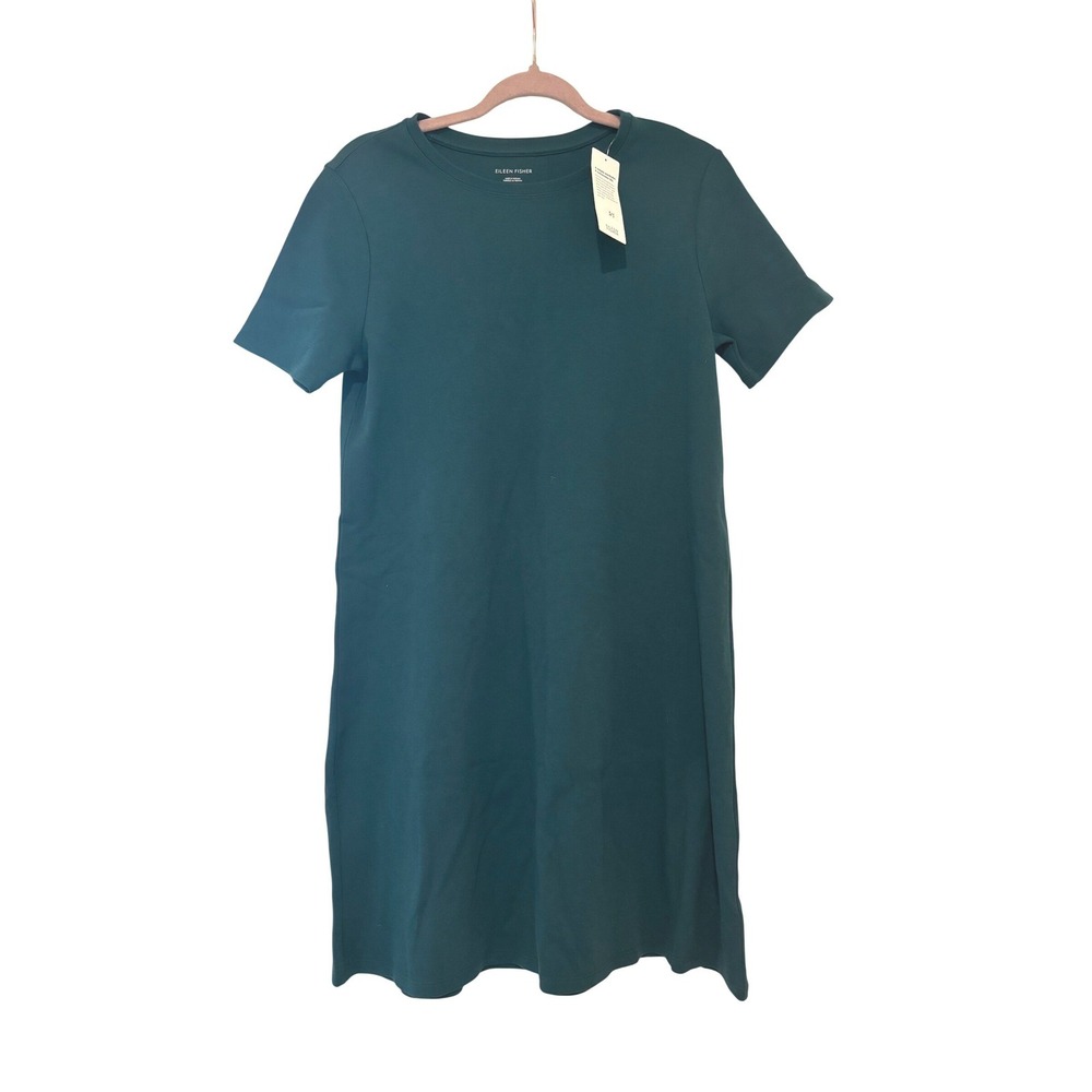 Eileen Fisher sz XS forest green cotton shift dress knee length new w/ tags JJ